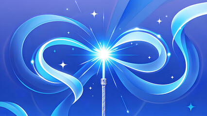 A wand casting a spell on a blue background with stars. 