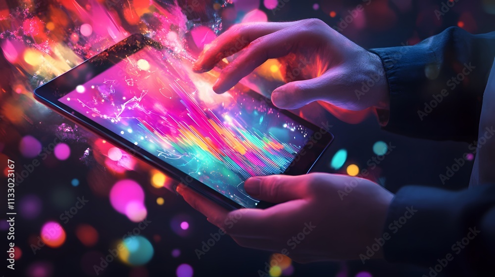 Poster hands using tablet displaying colorful data graphs