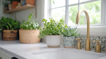 Fototapeta premium Lush Greenery and Elegant Sink in Modern Kitchen with Natural Light and Indoor Plants