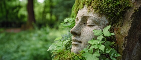Obraz premium An elegantly carved stone face, partially covered in moss and leaves, sits serenely in a lush forest, merging seamlessly with nature's greenery.