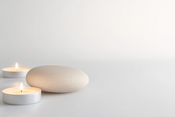 single smooth stone surrounded by glowing candlelight on matte white surface soft light enhances shadows clean background