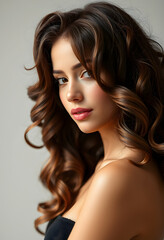 Naklejka premium Brunette girl with long and shiny curly hair . Beautiful model with wavy hairstyle, craft clay, with white tones