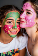 Beautiful multi-ethnic girls with colorful peel-off masks on their faces, with white tones