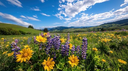Obraz premium Vibrant Wildflower Meadow Under Blue Sky and Fluffy Clouds