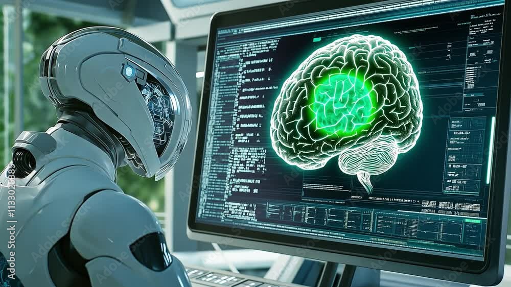 Poster advanced biocomputer interface displaying neural activity in a futuristic lab environment