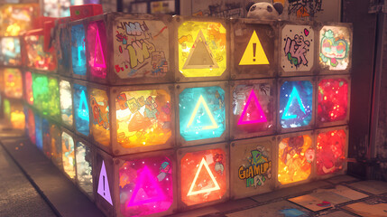 Colorful illuminated cubes with graffiti art in a vibrant urban setting.