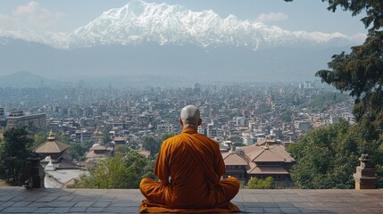Monk meditating overlooking cityscape and snow-capped mountains dharamshala nature photography serene environment peaceful viewpoint