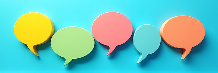 Colorful speech bubbles on a bright blue background convey playful communication and messaging in social media settings effectively online._00002_