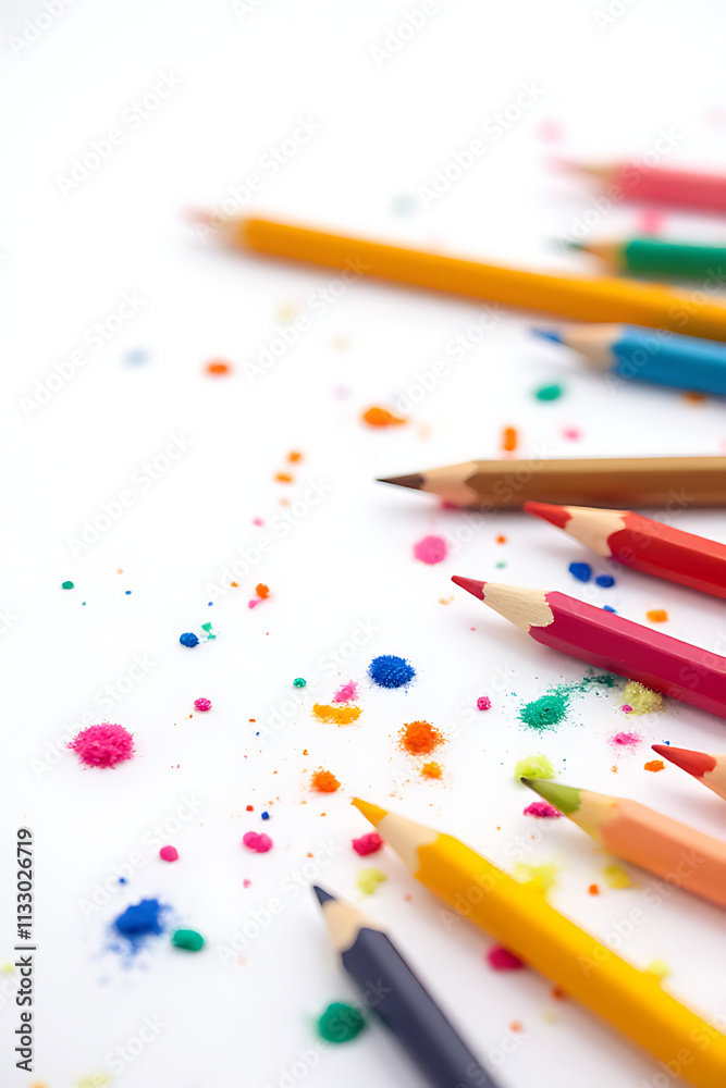 Poster Colorful pencils arranged randomly on a white background create an abstract art design that is visually appealing._00001_