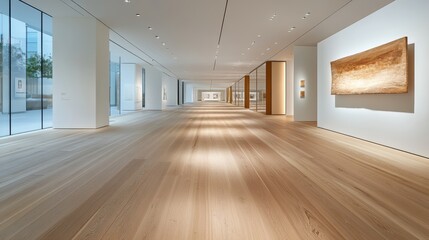 Modern Art Gallery Interior with Natural Light and Elegant Wooden Flooring