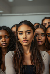 Obraz premium Portrait of many attractive female fashion models and looking at the camera. Diverse ethnic group of beautiful women with natural beauty and glowing smooth skin, hyperrealism, with white tones