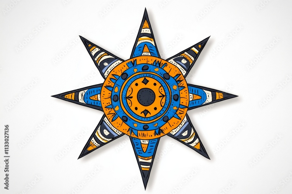 Aufkleber a flat design of a single ethnic symbol, such as a tribal sun or geometric pattern, centered on a cl