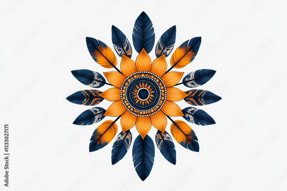 Poster a flat design of a single ethnic symbol, such as a tribal sun or geometric pattern, centered on a cl