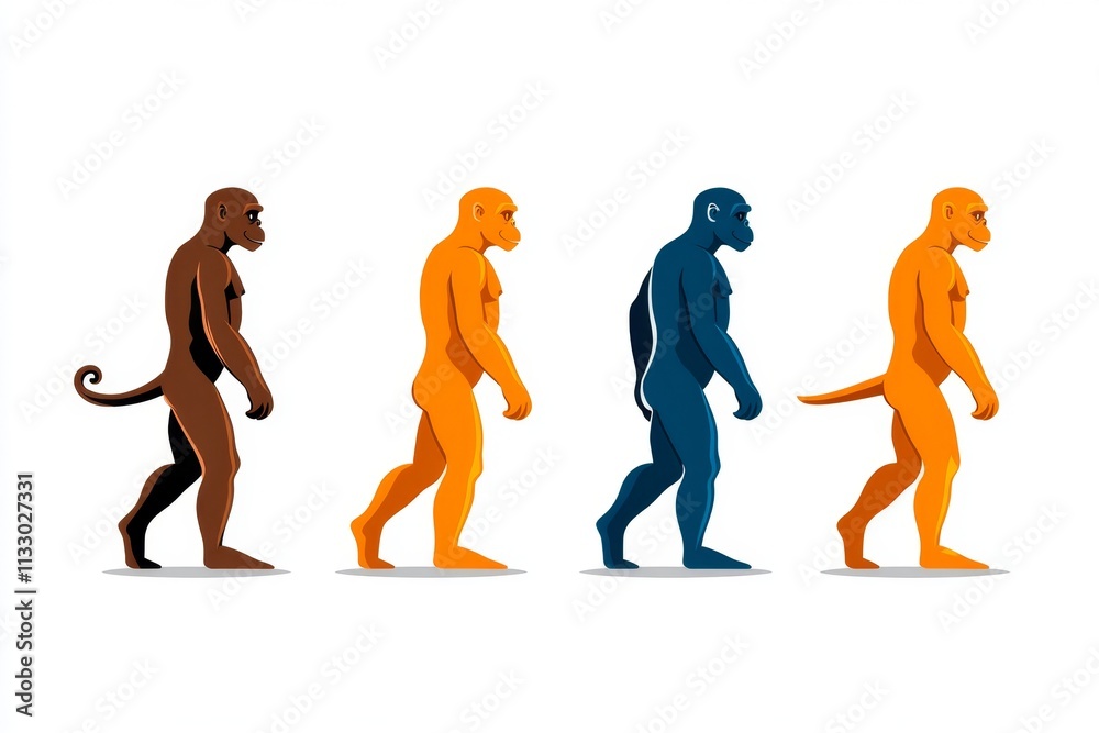 Poster a flat design showing a human silhouette evolving from an ape, drawn in a clean modern style