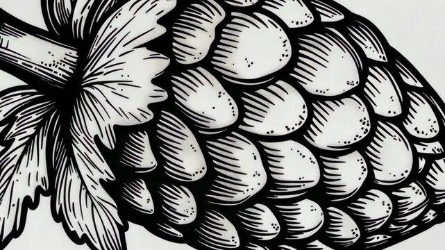 Detailed illustration of a pine cone showcasing natural textures and patterns in black and white on a contrasting background