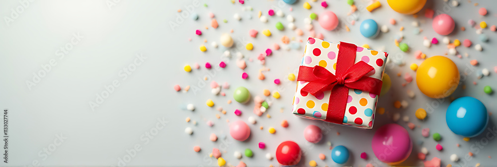Poster colorful flat lay design featuring a gift box in a dot pattern on a party background with celebrator