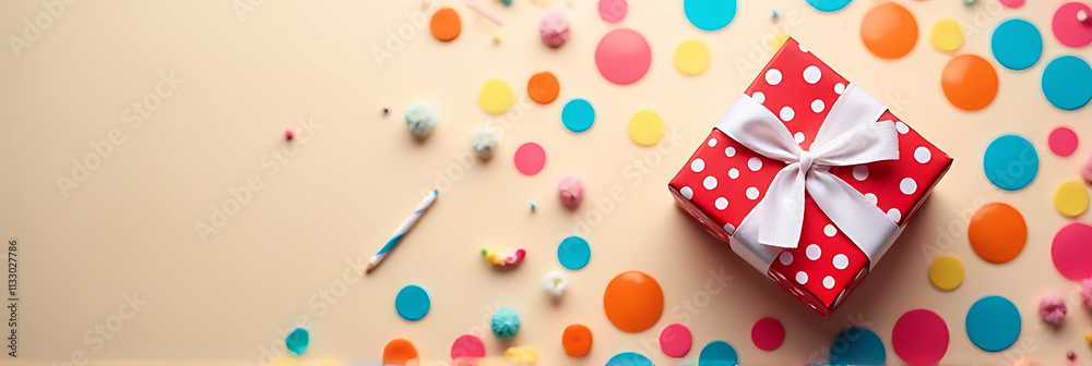 Poster colorful flat lay design featuring a gift box in a dot pattern on a party background with celebrator