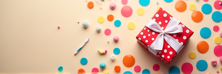Fototapeta premium Colorful flat lay design featuring a gift box in a dot pattern on a party background with celebratory elements._00001_