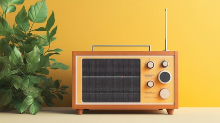 Vintage radio on a bright yellow background, surrounded by lush greenery, creating a nostalgic and...