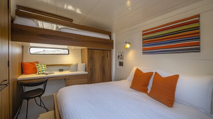 Cozy and Modern Interior of a Stylish Cabin with Bed and Desk Area