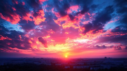 Obraz premium Vibrant sunset over city skyline with dramatic pink, purple, and orange clouds.