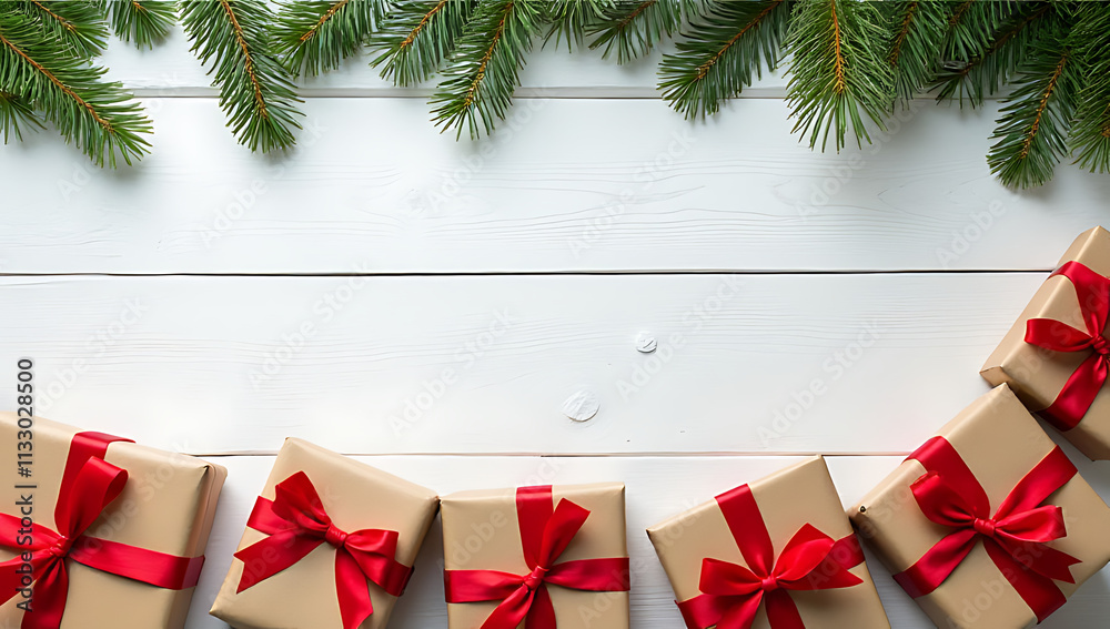 Aufkleber collection of gift boxes wrapped in kraft paper with a border of pine on a flat white wooden backgro