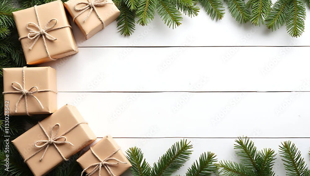 Aufkleber collection of gift boxes wrapped in kraft paper with a border of pine on a flat white wooden backgro
