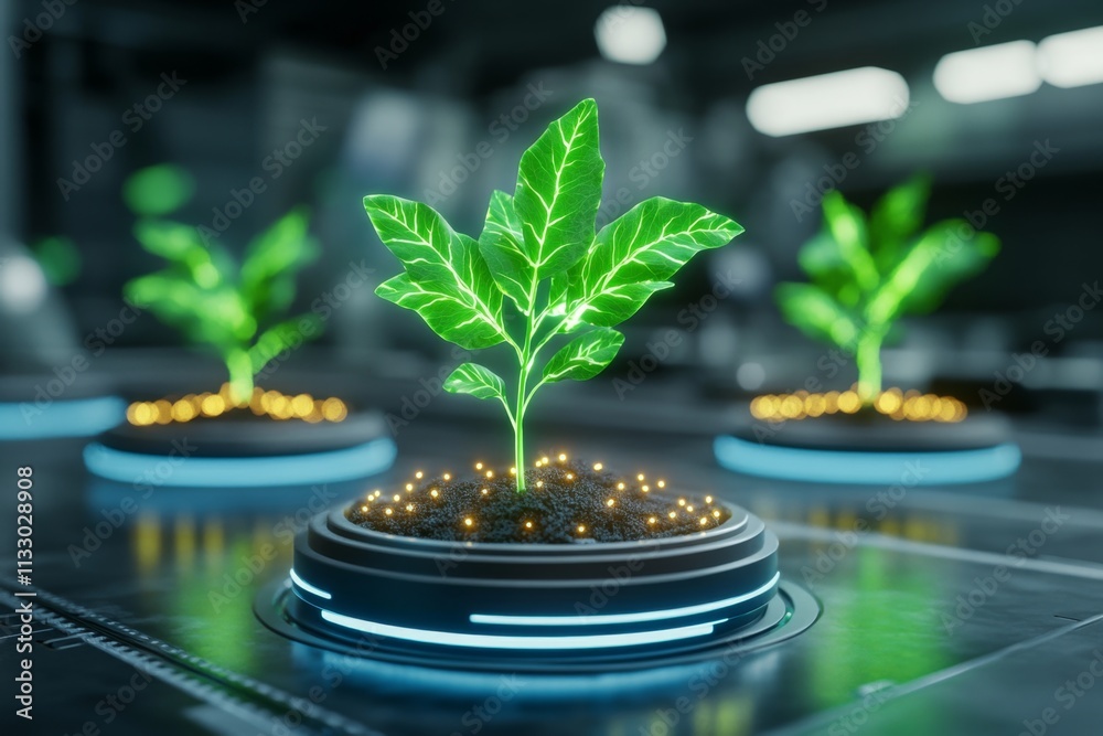 Poster A futuristic visualization of eucalyptus being used in biotechnological advancements, with glowing leaves and a high-tech lab setting