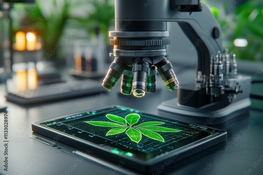 Poster A futuristic visualization of eucalyptus being used in biotechnological advancements, with glowing leaves and a high-tech lab setting