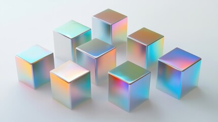 Obraz premium Holographic Cubes Abstract Minimalist Composition Iridescent Geometric Shapes 3D Render