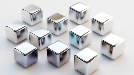 Abstract Composition of Polished Metallic Cubes on a White Background: A Study in Geometry and Reflection
