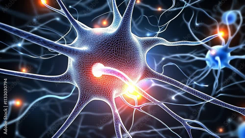 Poster exploring the intricate structure and network of a biocomputer neuron in a high-tech environment