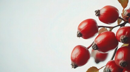 Fototapeta premium Vibrant Red Rose Hip Berries Isolated on Light Background