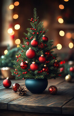 Decorative Christmas tree with red ornaments. A small Christmas tree adorned with red ornaments and surrounded by festive decor, creating a warm holiday atmosphere.