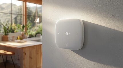 Modern Smart Thermostat Displayed on Wall in Cozy Kitchen Environment
