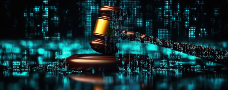 Cryptocurrency Financial Regulation. Digital gavel symbolizing justice and technology in a modern legal context.