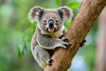 Fototapeta premium A koala sitting on a eucalyptus tree, leisurely chewing on fresh leaves in its natural habitat