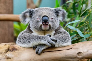 Fototapeta premium A koala perched high on a eucalyptus tree branch, surrounded by dense foliage