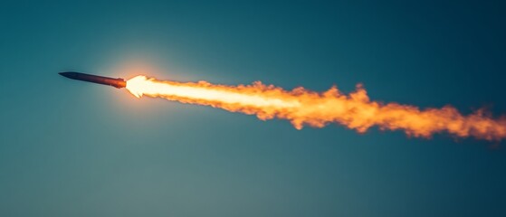 A rocket soars through the twilight sky, leaving a trailing blaze of fire and smoke in its wake, symbolizing ambition and exploration.