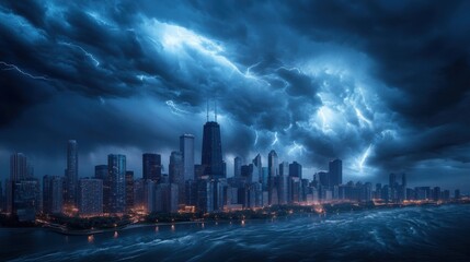Fototapeta premium Dramatic Storm Clouds Over Urban Skyline with Lightning Strikes and Dark Sky at Night