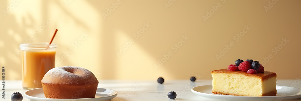 Poster breakfast food set or a delicious cake placed on a table with a clean and minimalistic copy space ba