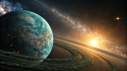 Serene Planetary Orbit View Featuring Blue Green Planet