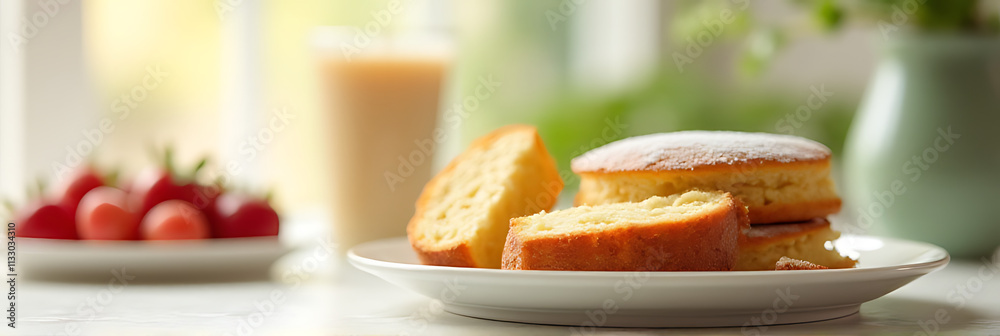 Aufkleber breakfast food set or a delicious cake placed on a table with a clean and minimalistic copy space ba