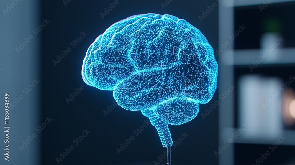 Poster graphs representing stock and neural networks represented as a glowing digital brain.
