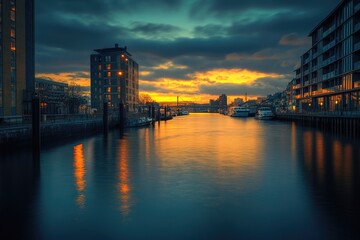 Naklejka premium Sunset Reflections Over Albert Docks: A Serene Cityscape in England