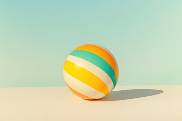 vibrant beach ball placed on smooth white surface under natural light its colorful stripes pop against neutral background