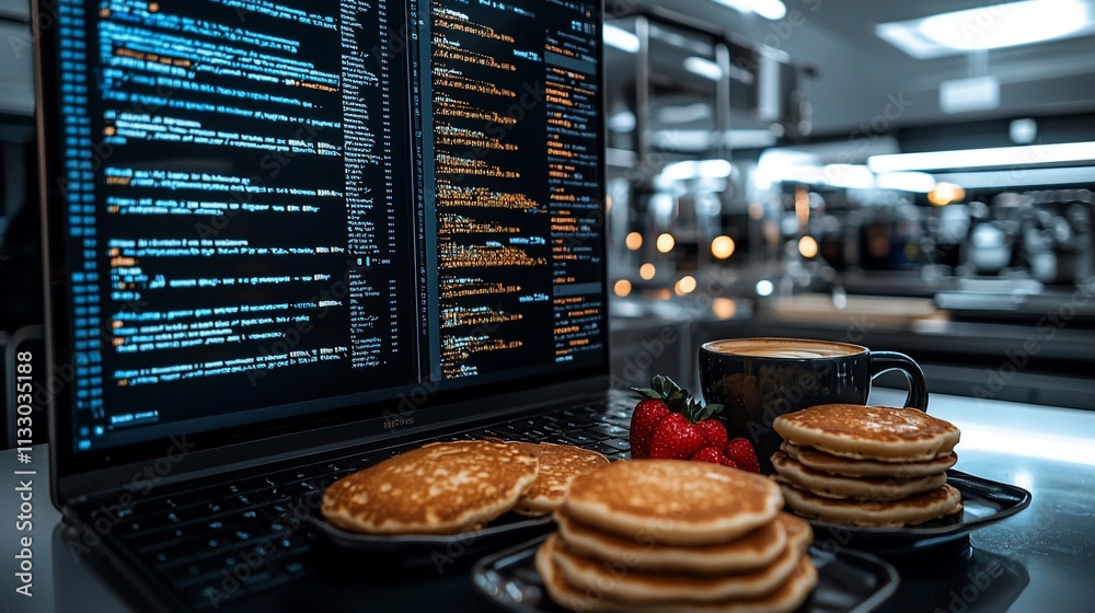 Poster laptop displaying code with pancakes and coffee.