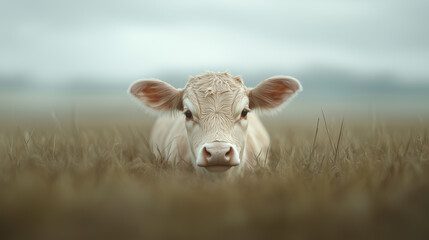 Obraz premium A cow is laying in a field of tall grass