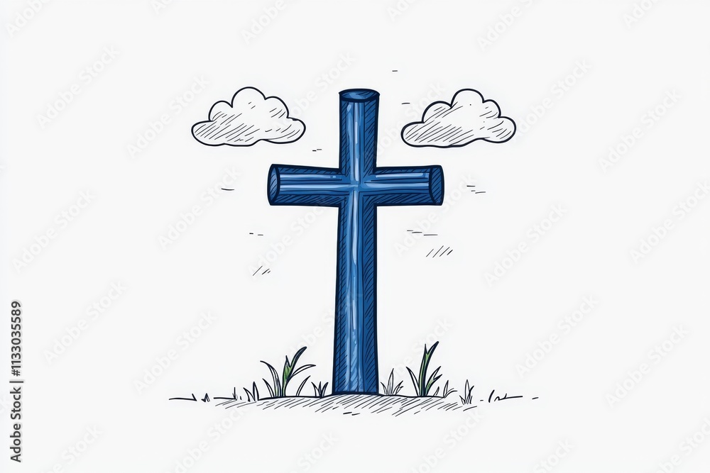 Poster A minimalist representation of an Ethiopian cross, drawn with clean lines and geometric patterns, centered on a white background
