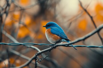 Close-up of a vibrant blue bird perched on a wire in a forest. AI generated illustration